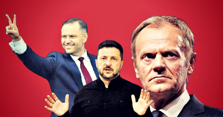 Polish president Karol Nawrocki (left) and Prime Minister Donald Tusk, Ukrainian leader Volodymyr Zelensky