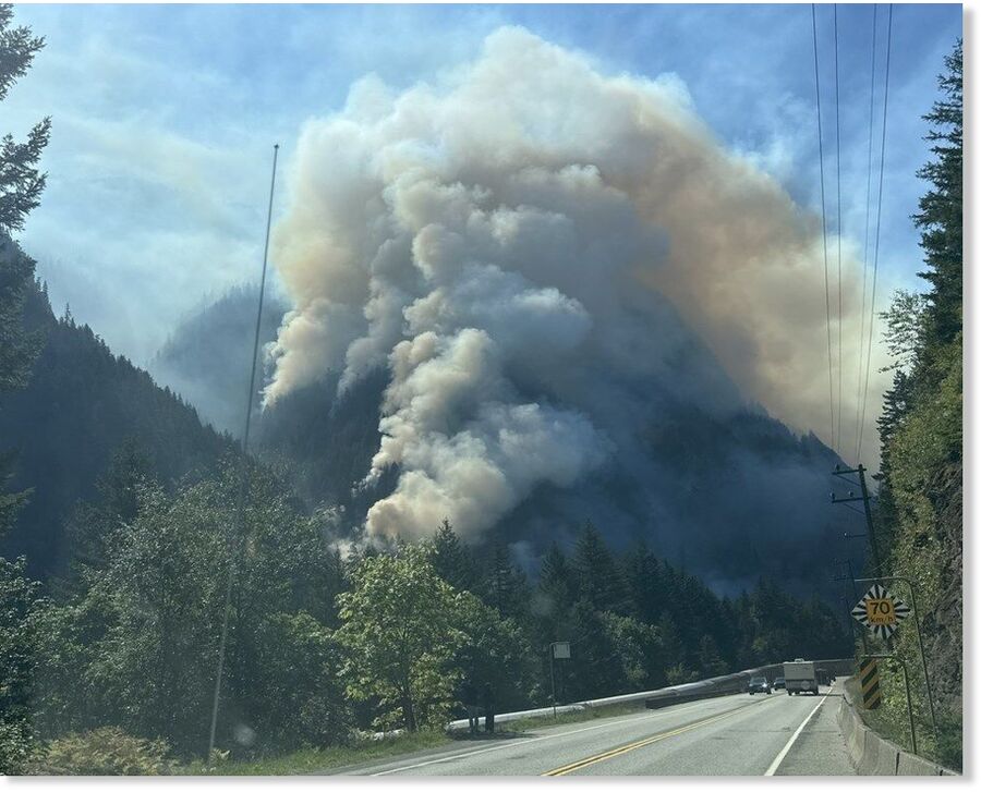 Smoke from the Sailor Bar wildfire is seen in this handout photo, north of Yale, B.C., on Sunday, Aug. 24, 2025.