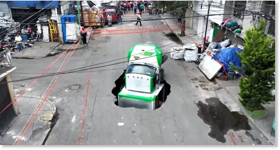 Drone view of truck collapsing into sinkhole.
