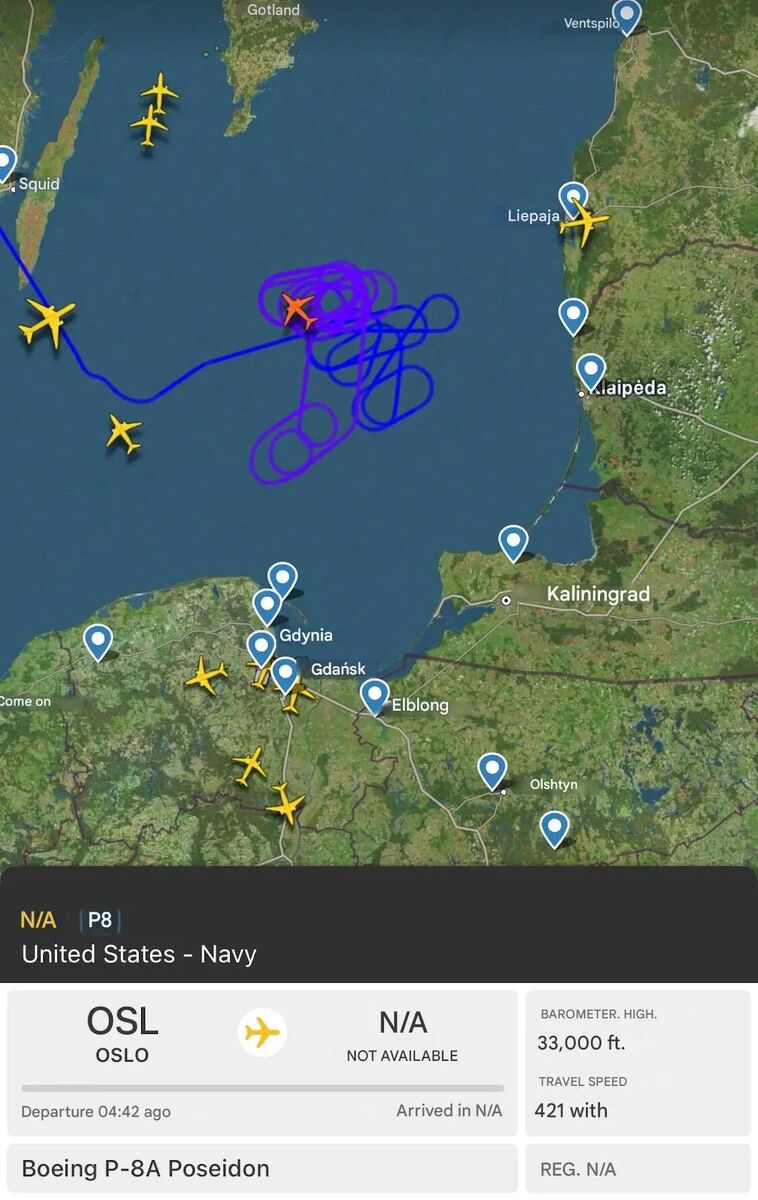 American P-8 Poseidon plane over Kaliningrad