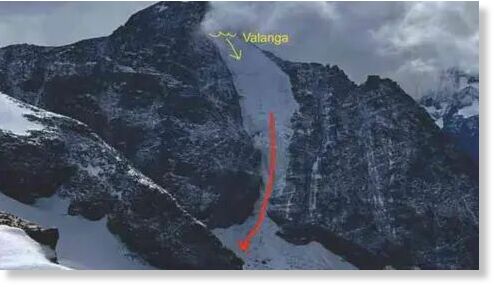 This picture, provided and annotated by rescuers, shows the path of the valanga, the Italian word for avalanche