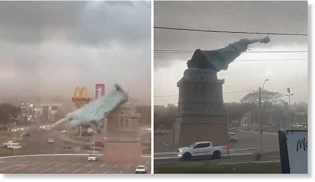 Clic para aumentar The ‘symbolic’ moment the Statue of Liberty replica was knocked down