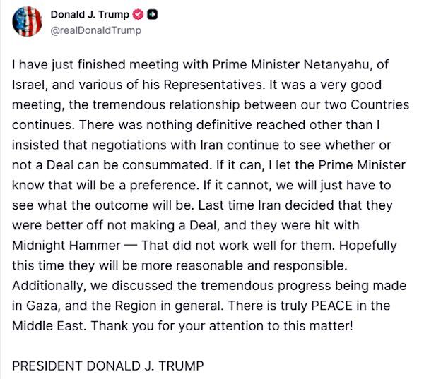 Clic para aumentar trump truth social post netanyahu war iran diplomacy
