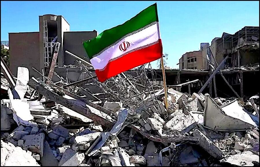 Iran flag rubble