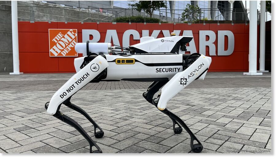 Benzie, a robot dog, patrols the outside of Mercedes-Benz Stadium.