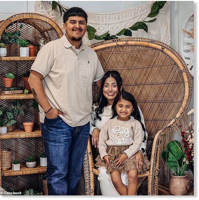Evelynn Lopez, 4, tragically passed away after being attacked by six pit bulls on Monday (pictured: Evelynn with her parents, Alberto Lopez and Gina Flores)