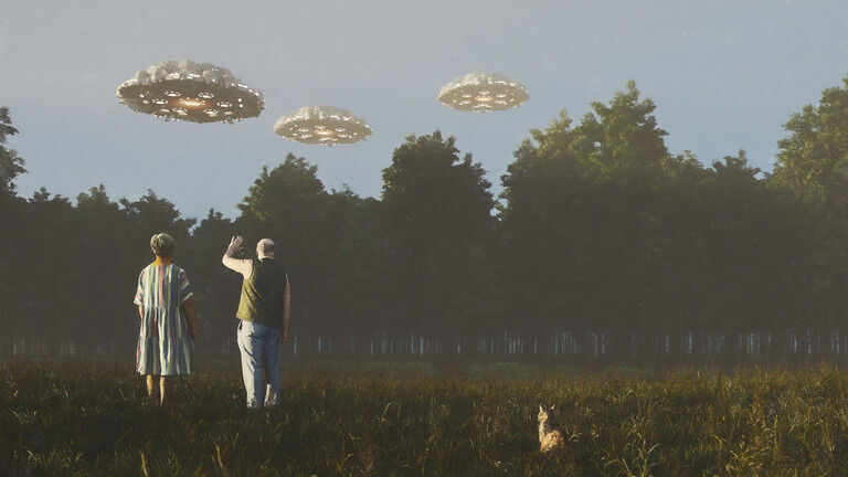 Illustration of a couple seeing a UFO