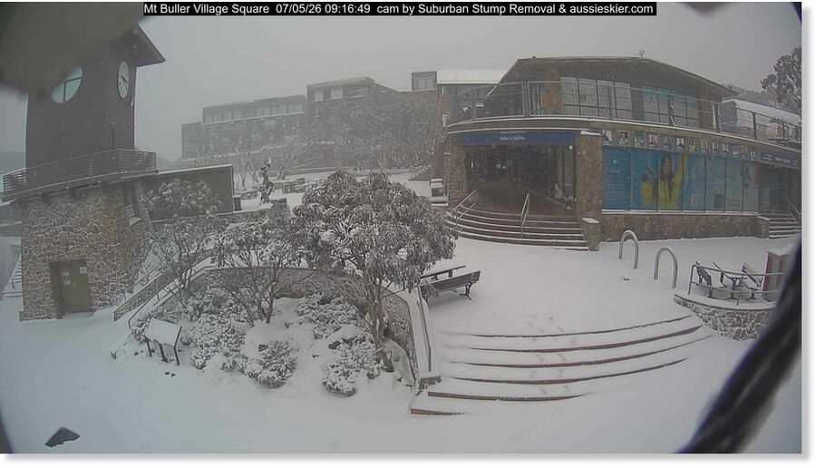 Around 5cm of snow on the ground at Mt Buller on Thursday, May 7, 2026.