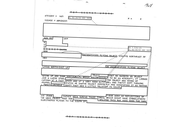 A page included in a National Security Agency file details a UFO that 
