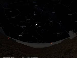 Representación del cielo nocturno correspondiente a las 21:00 hora canaria del sábado 8 de octubre de 2011, y a la localización del Observatorio del Teide en Tenerife, Canarias. La imagen se ha obtenido con el programa gratuito de código abierto stellariu