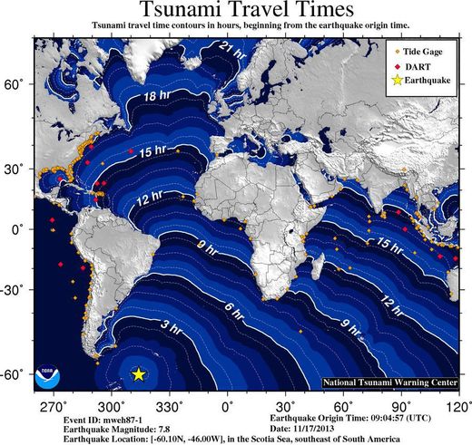 tsunami travel times - mar de Scotia